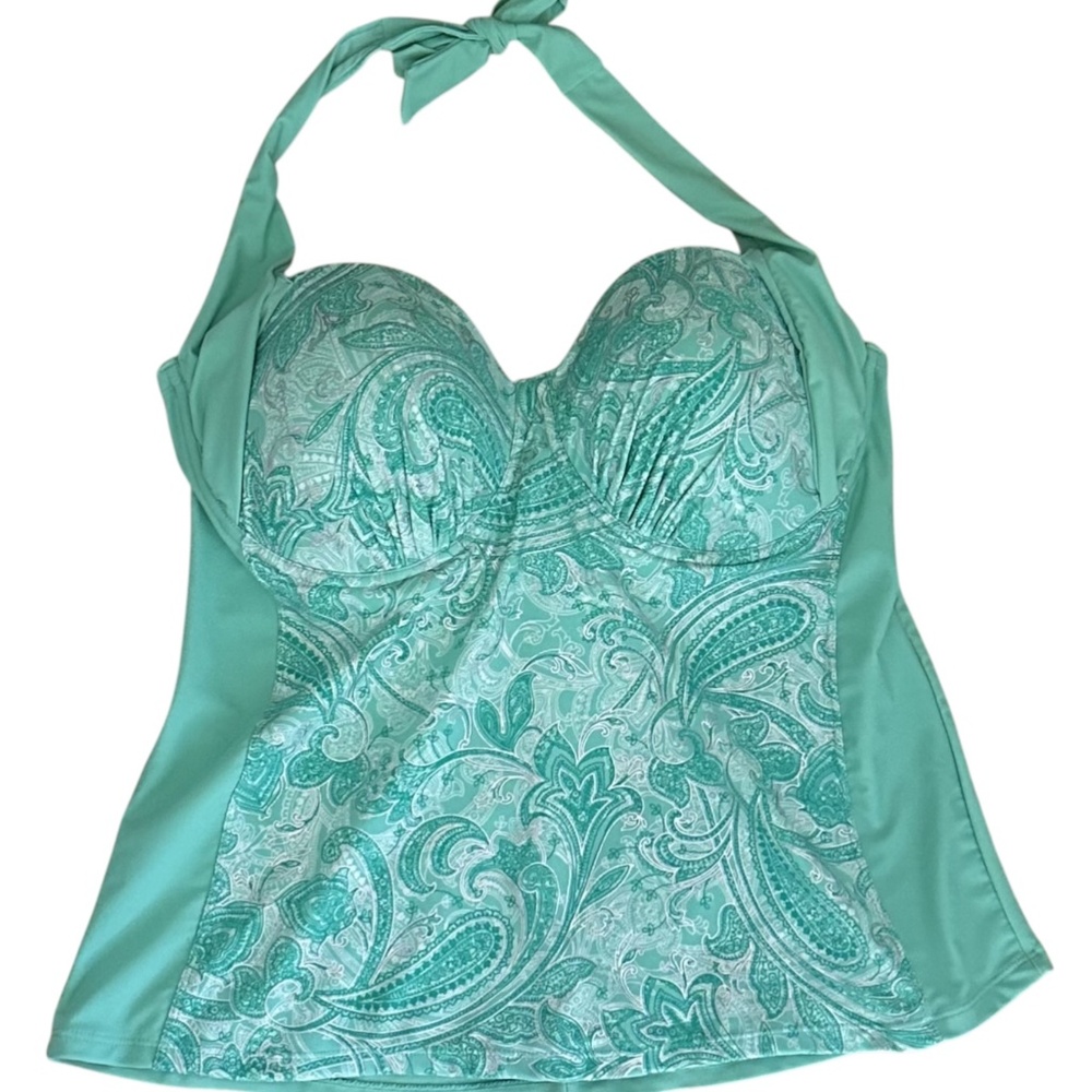 New Catalina Tankini Swimsuit Top 1X 16 18 Teal Turquoise Floral Paisley Halter - Picture 2 of 5